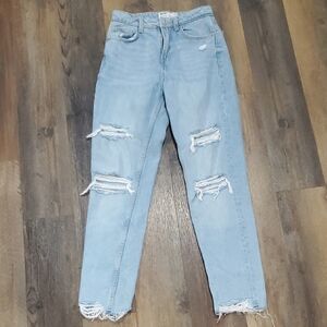 Bershka Blue High Rise Distressed Mom Jeans